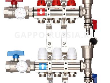 Коллектор с запорными клапанами и расходомерами Gappo G421.3 3-вых.x1"x3/4"