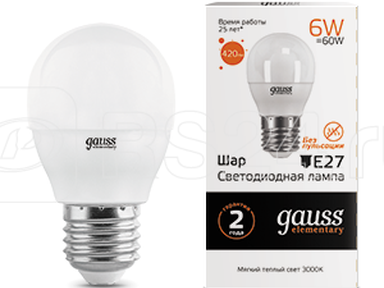 Лампа Gauss Elementary Шар 6W 420lm 3000K Е27 LED 53216
