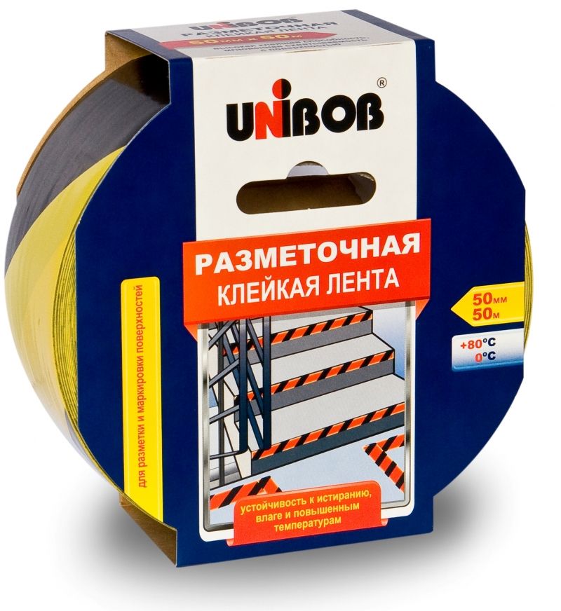 Лента сигнальная клейкая UNIBOB желто-черная 50х50м Лента сигнальная клейкая UNIBOB желто-черная 50х50м