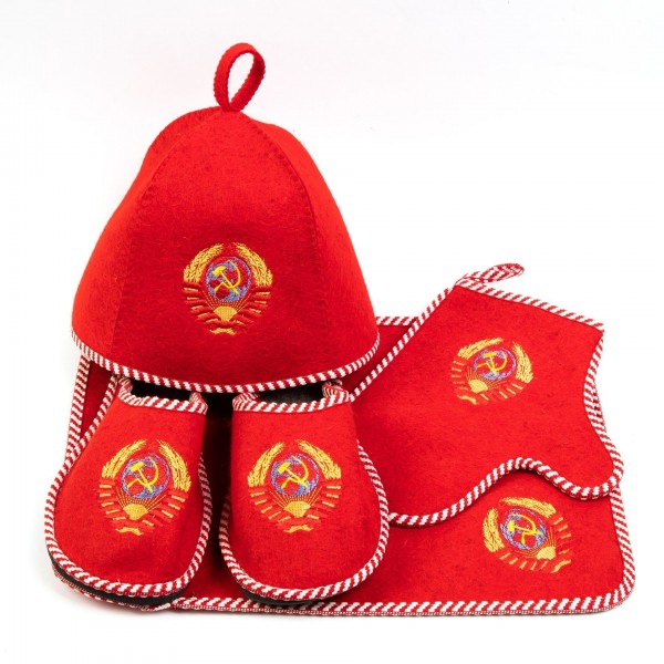 Набор для бани"СССР" войлок красный (шапка,коврик,рукавица, тапки)